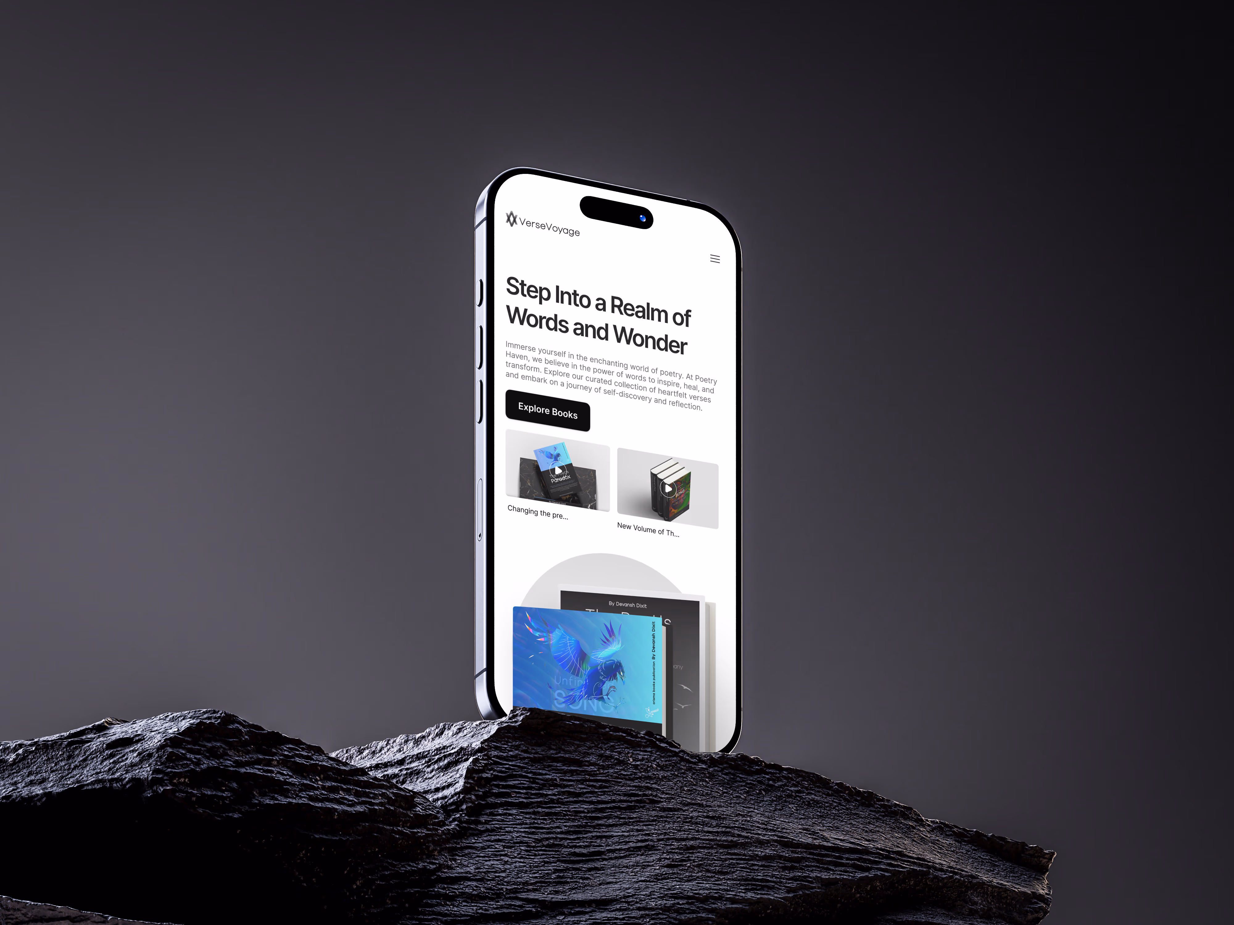 VerseVoyage home screen on mobile showing curated collections and personalized book recommendations