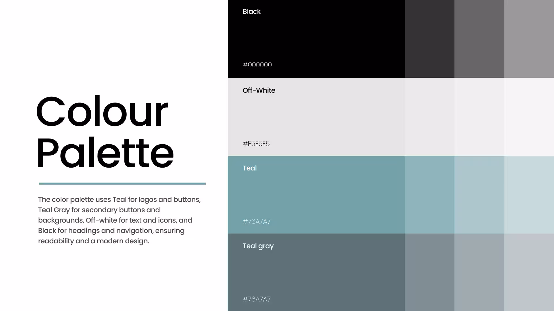 Whizkerz color palette: black, off-white, teal, and teal gray with hex values