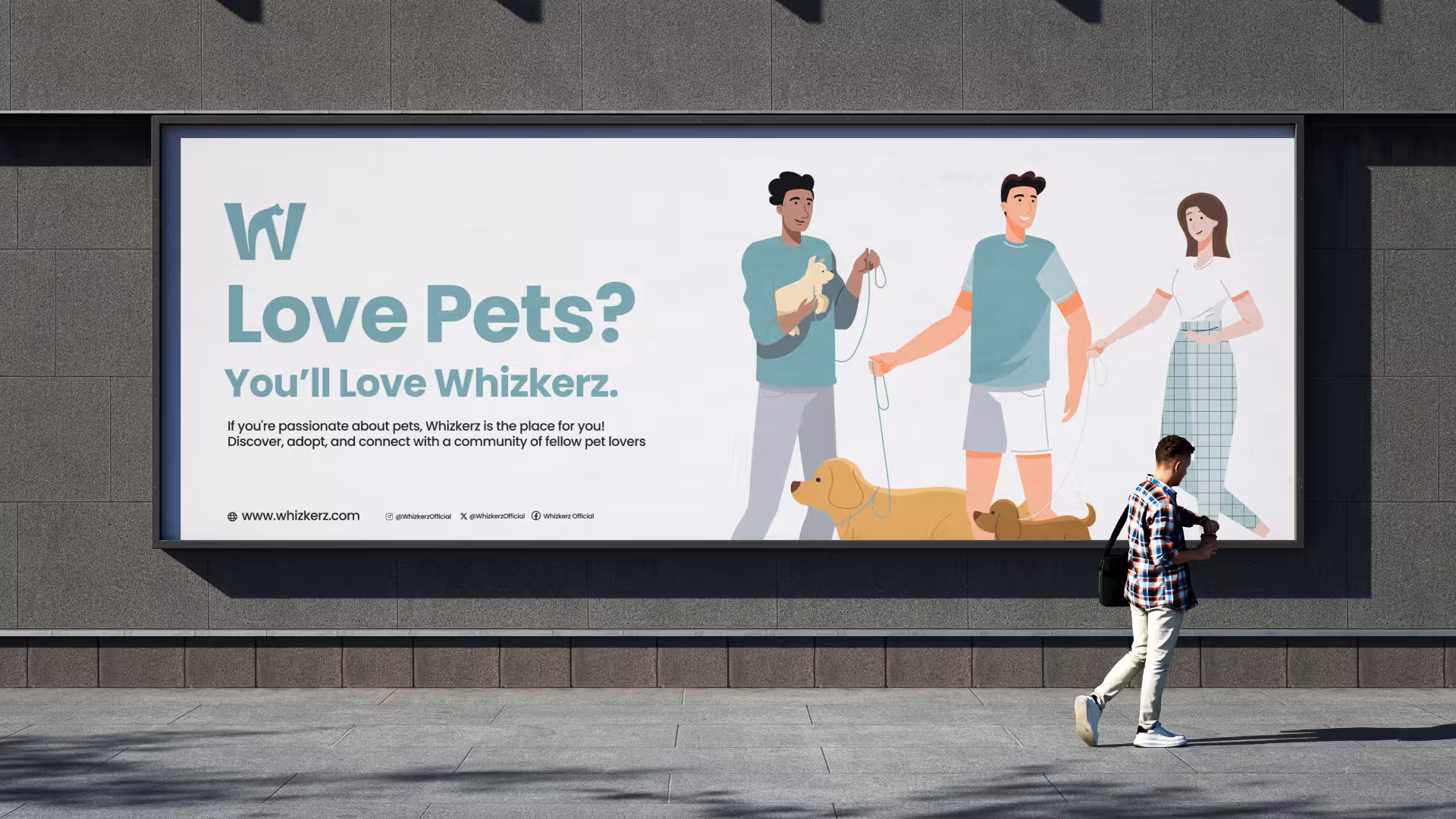 Outdoor billboard ad reading Love Pets? You'll Love Whizkerz, with illustrated pet owners