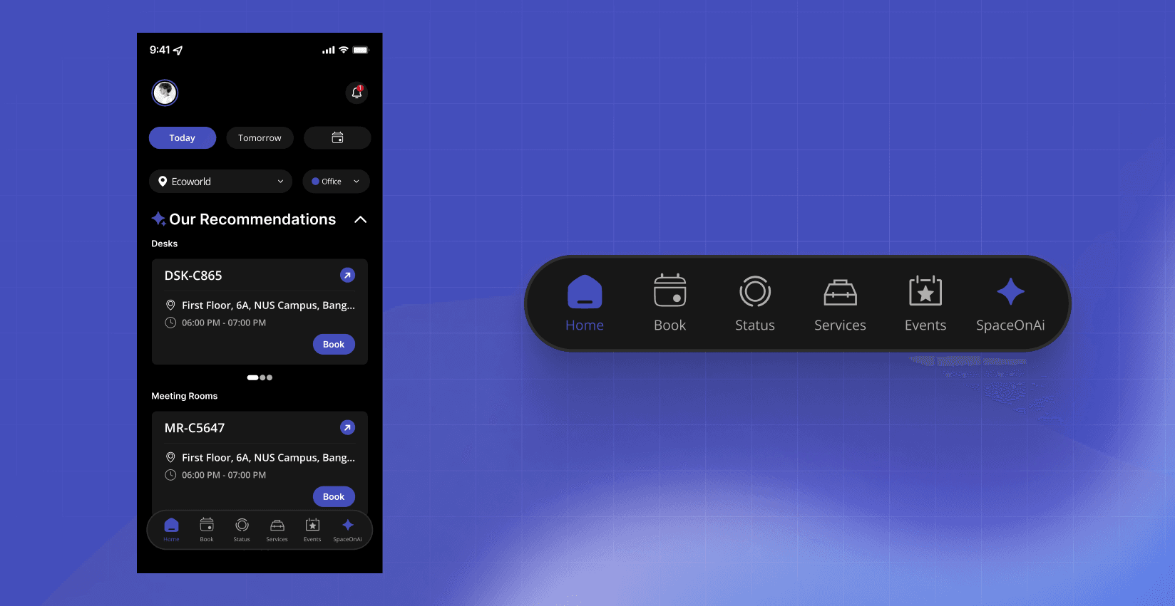 Home screen showing simplified bottom navigation and location/office type filters