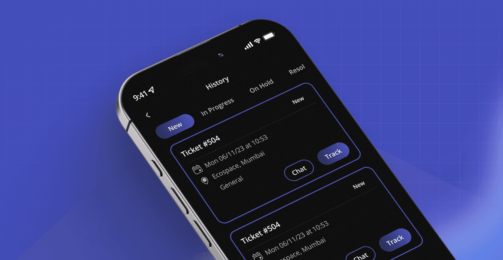 Service request tracking screen showing ticket status, chat, and tracking options