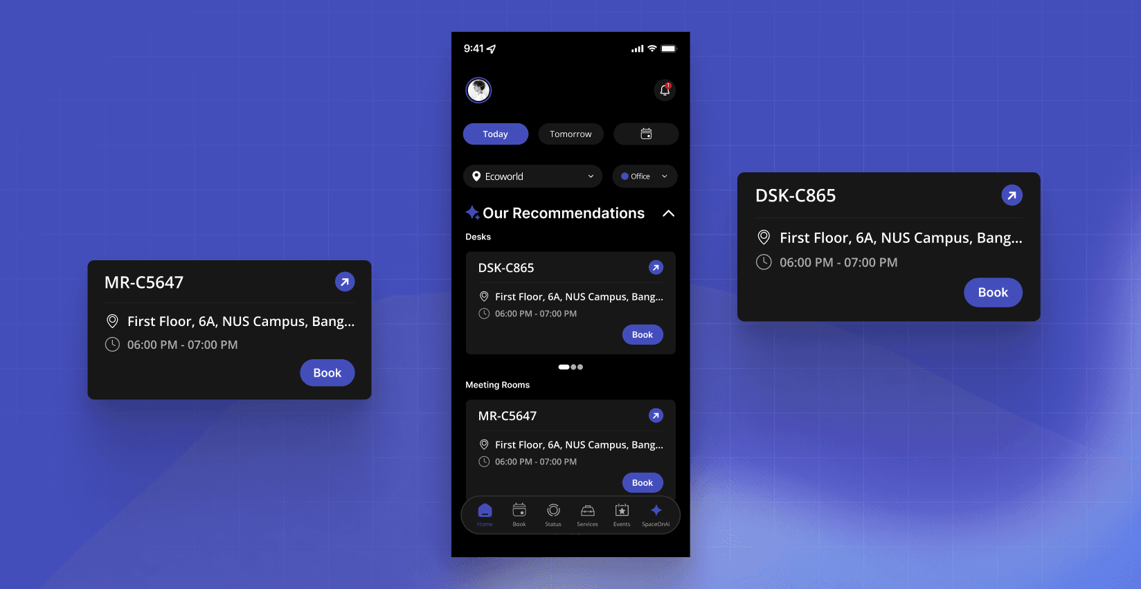 Phone showing AI recommendation cards for desks and meeting rooms in a dim, ambient setting