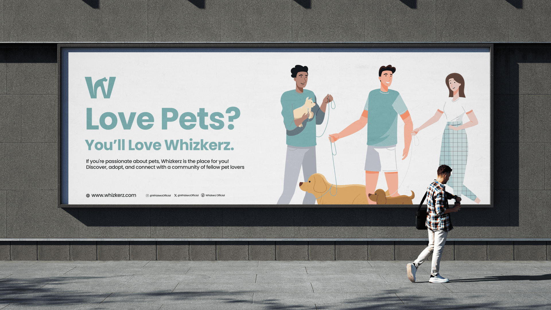 Outdoor billboard ad reading Love Pets? You'll Love Whizkerz, with illustrated pet owners